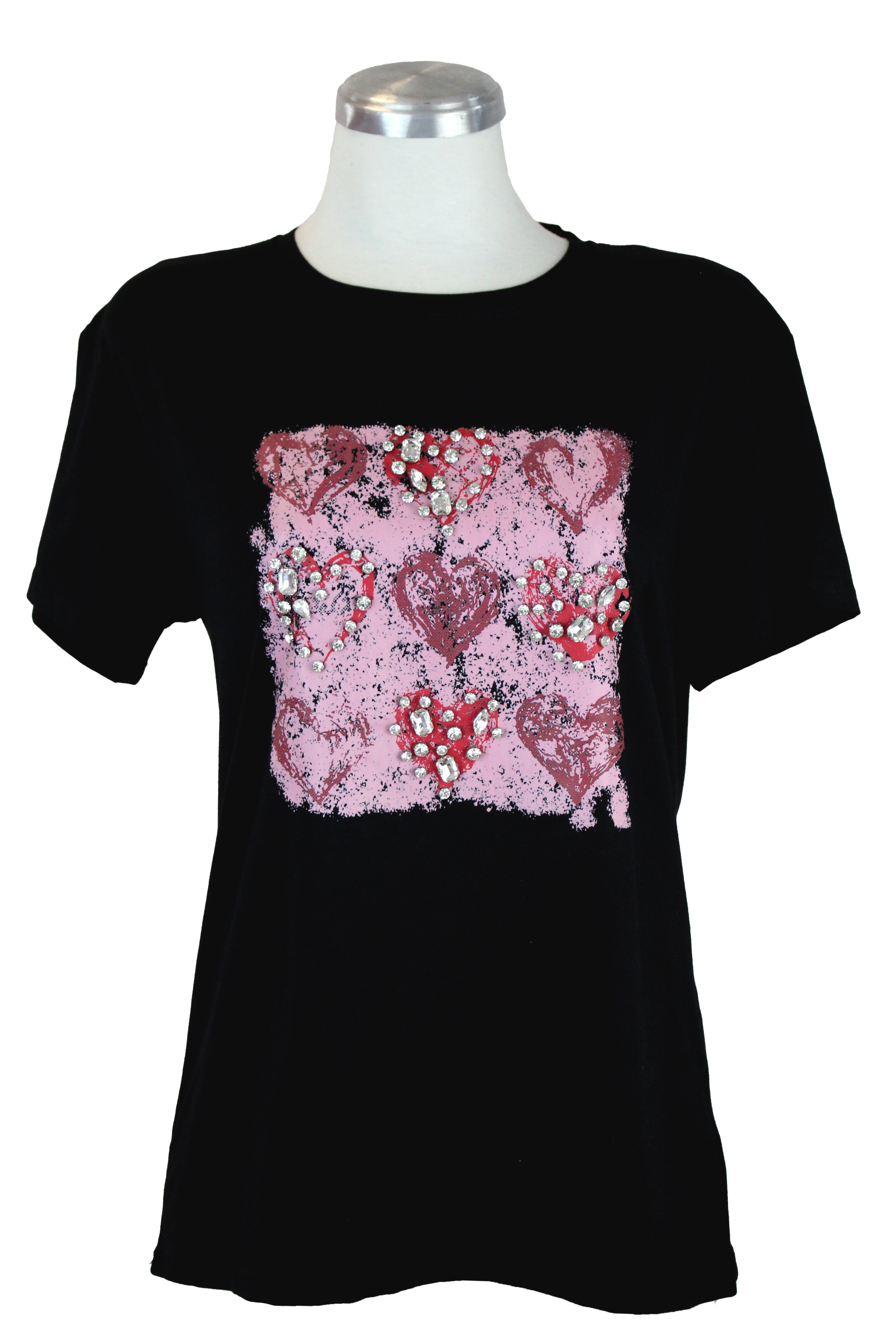 M5552 Playera Con Estampado  De Corazones Con Pedreria