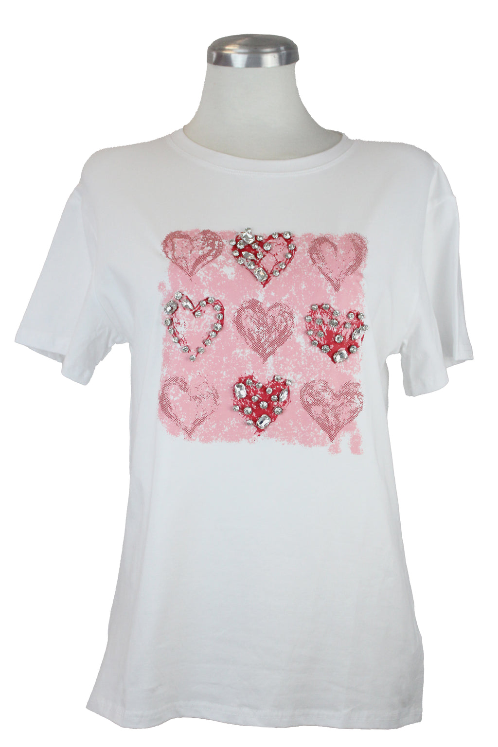 M5552 Playera Con Estampado  De Corazones Con Pedreria