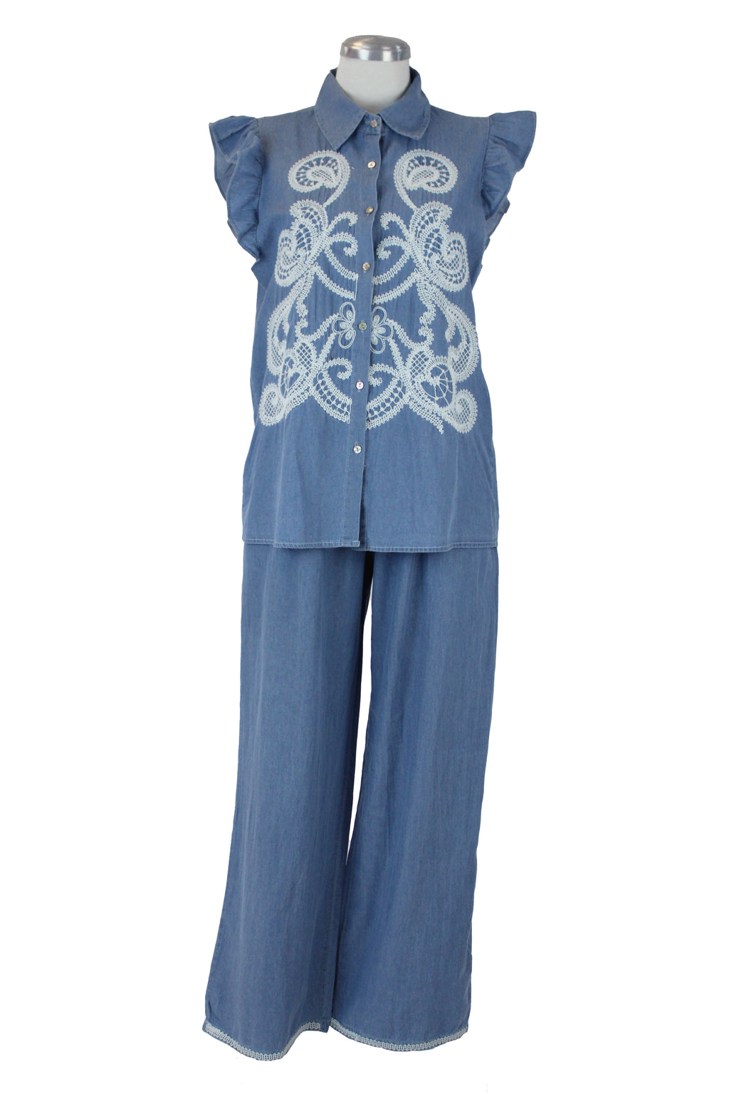 T2948 Conjunto Tipo Mezclilla Bordado Blanco Frontal