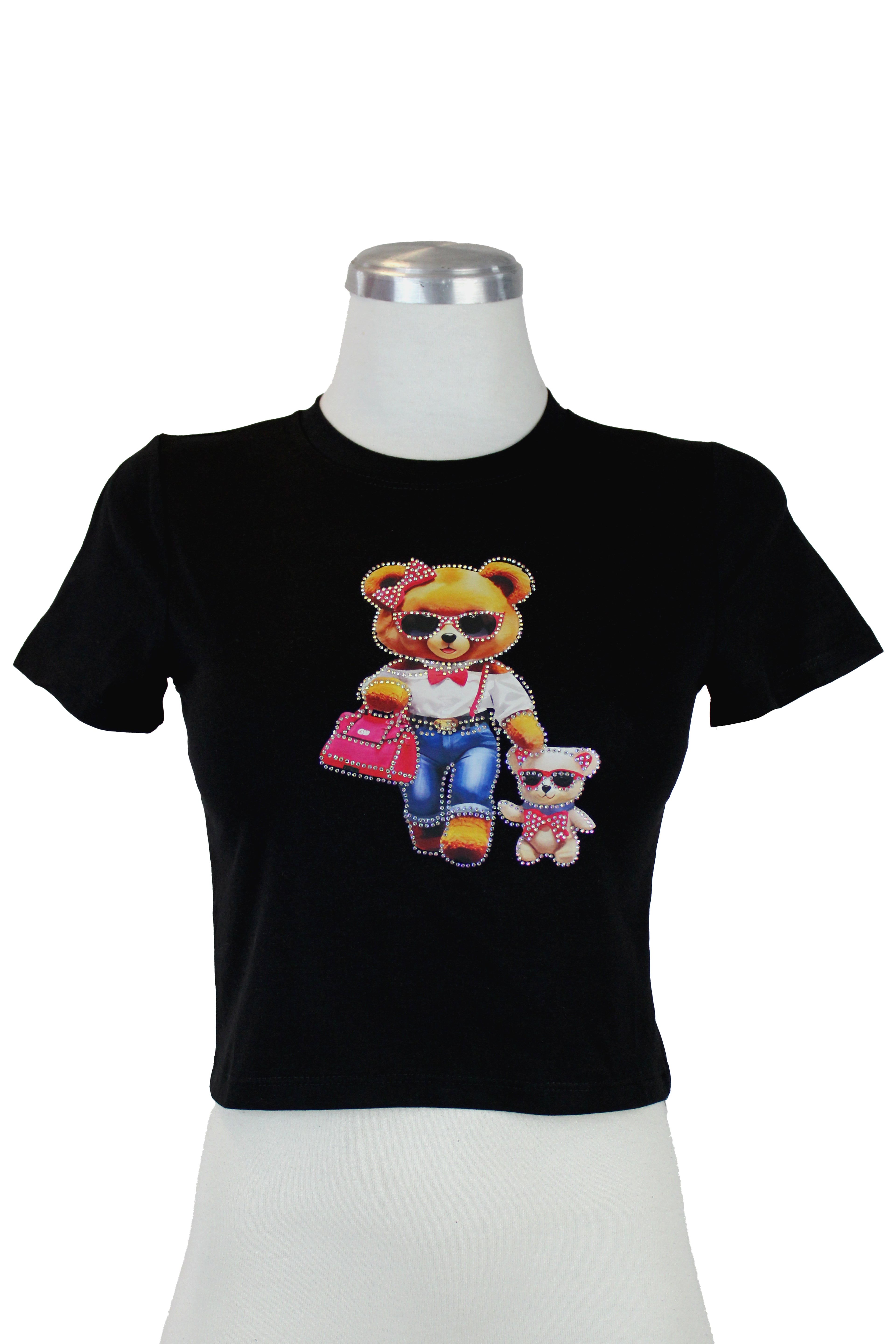 CLYF-90168 Blusa Corta Con Estampado De Oso Y Pedrería