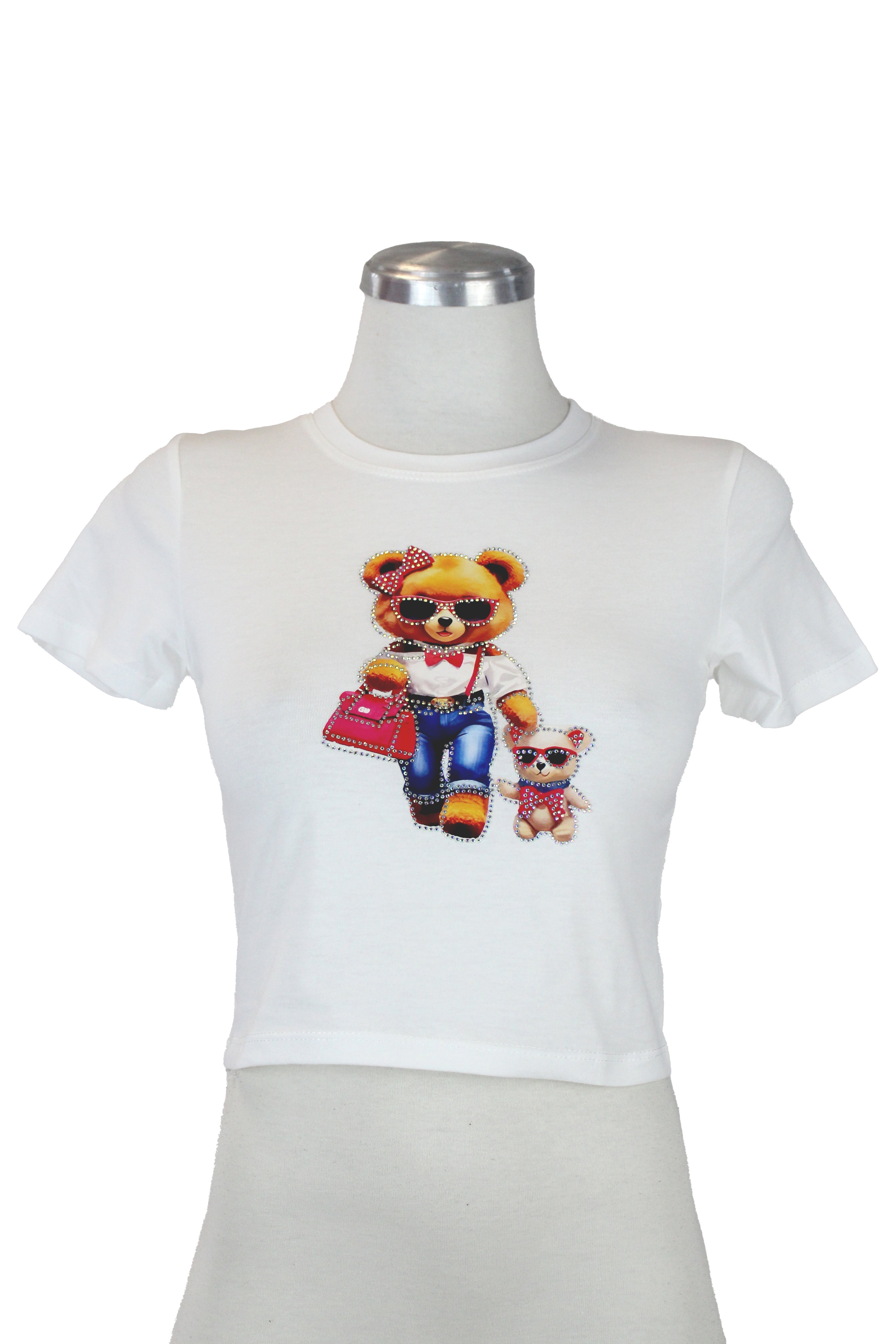 CLYF-90168 Blusa Corta Con Estampado De Oso Y Pedrería