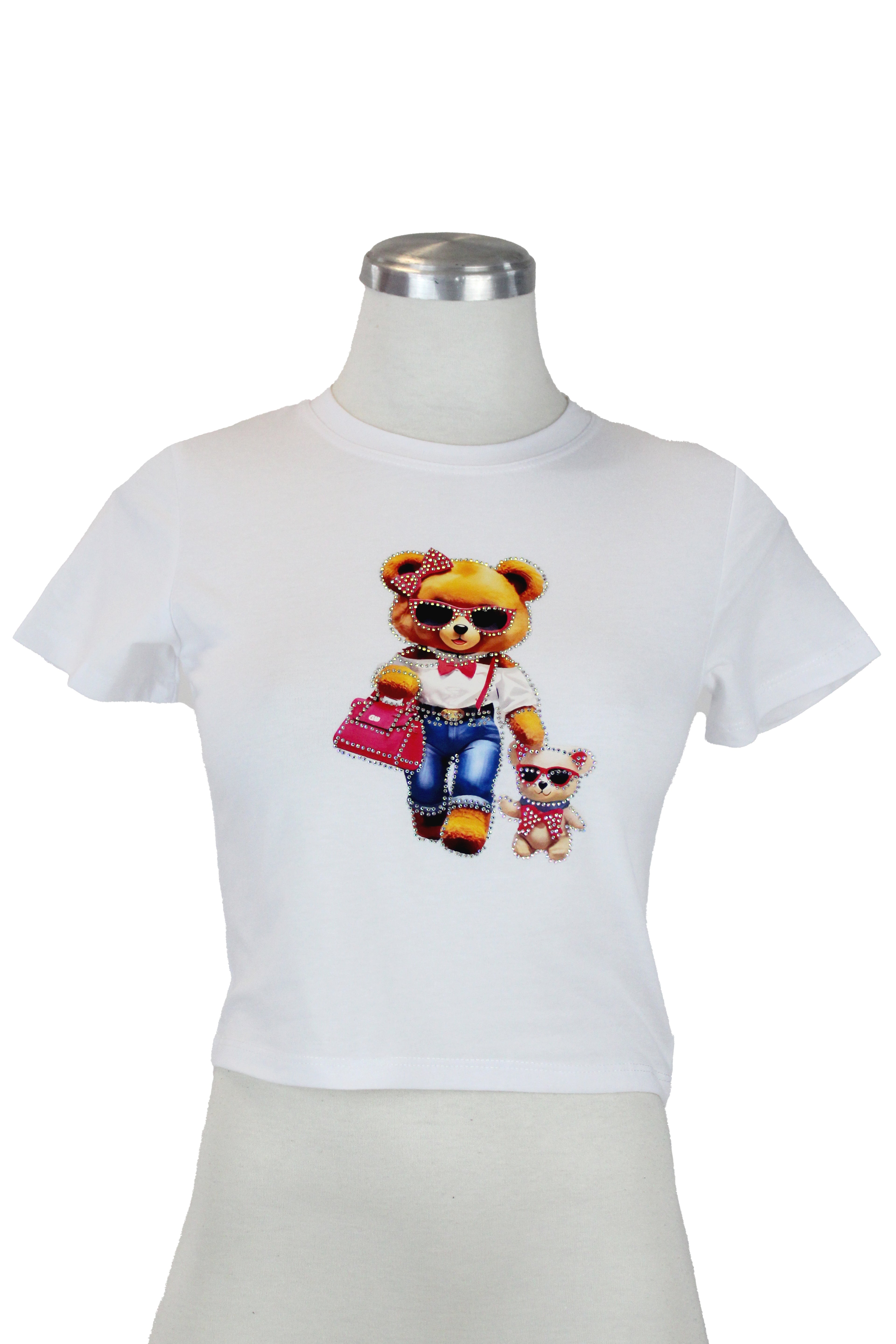 CLYF-90168 Blusa Corta Con Estampado De Oso Y Pedrería