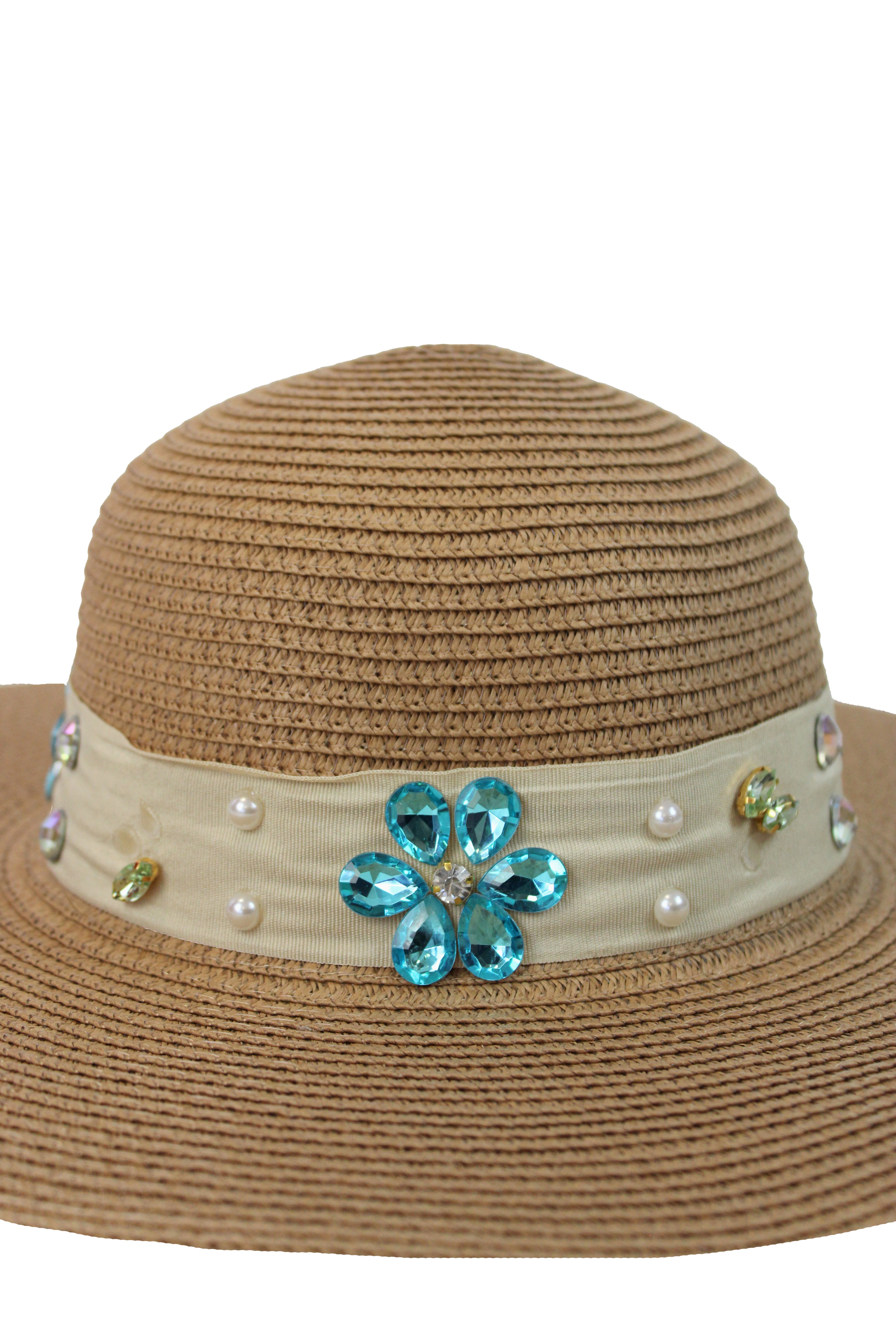 FH1315 Sombrero toquilla con piedras y flores