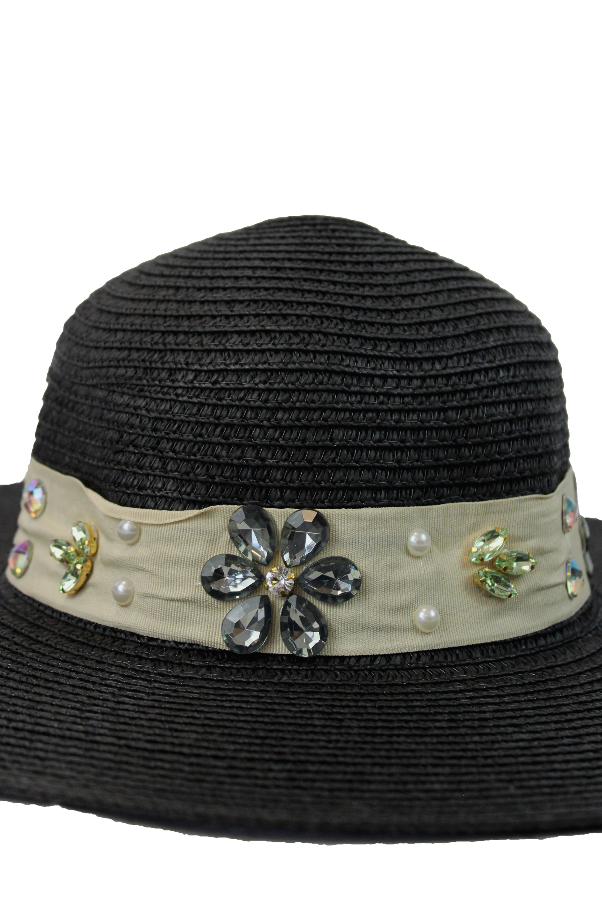 FH1315 Sombrero toquilla con piedras y flores