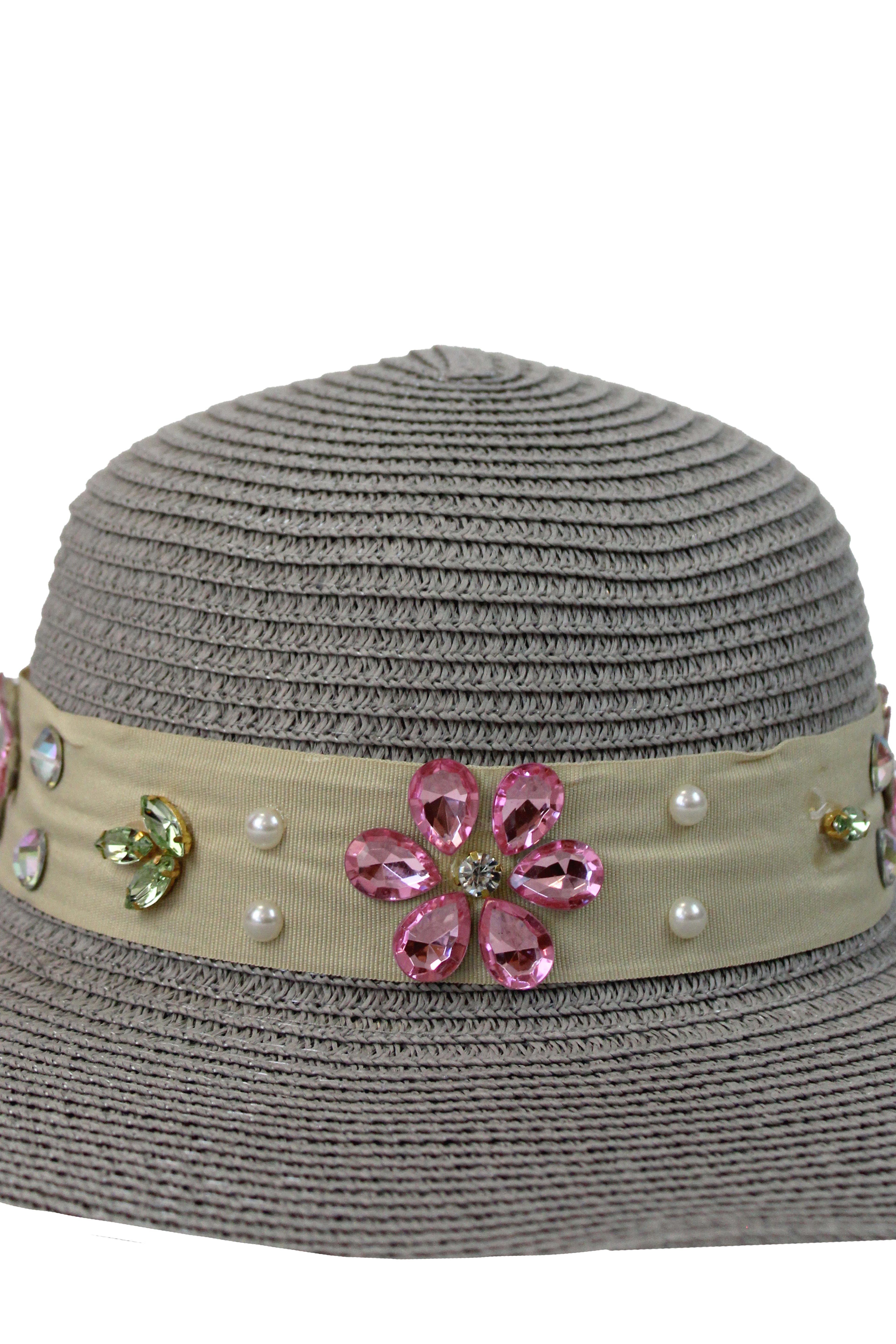 FH1315 Sombrero toquilla con piedras y flores
