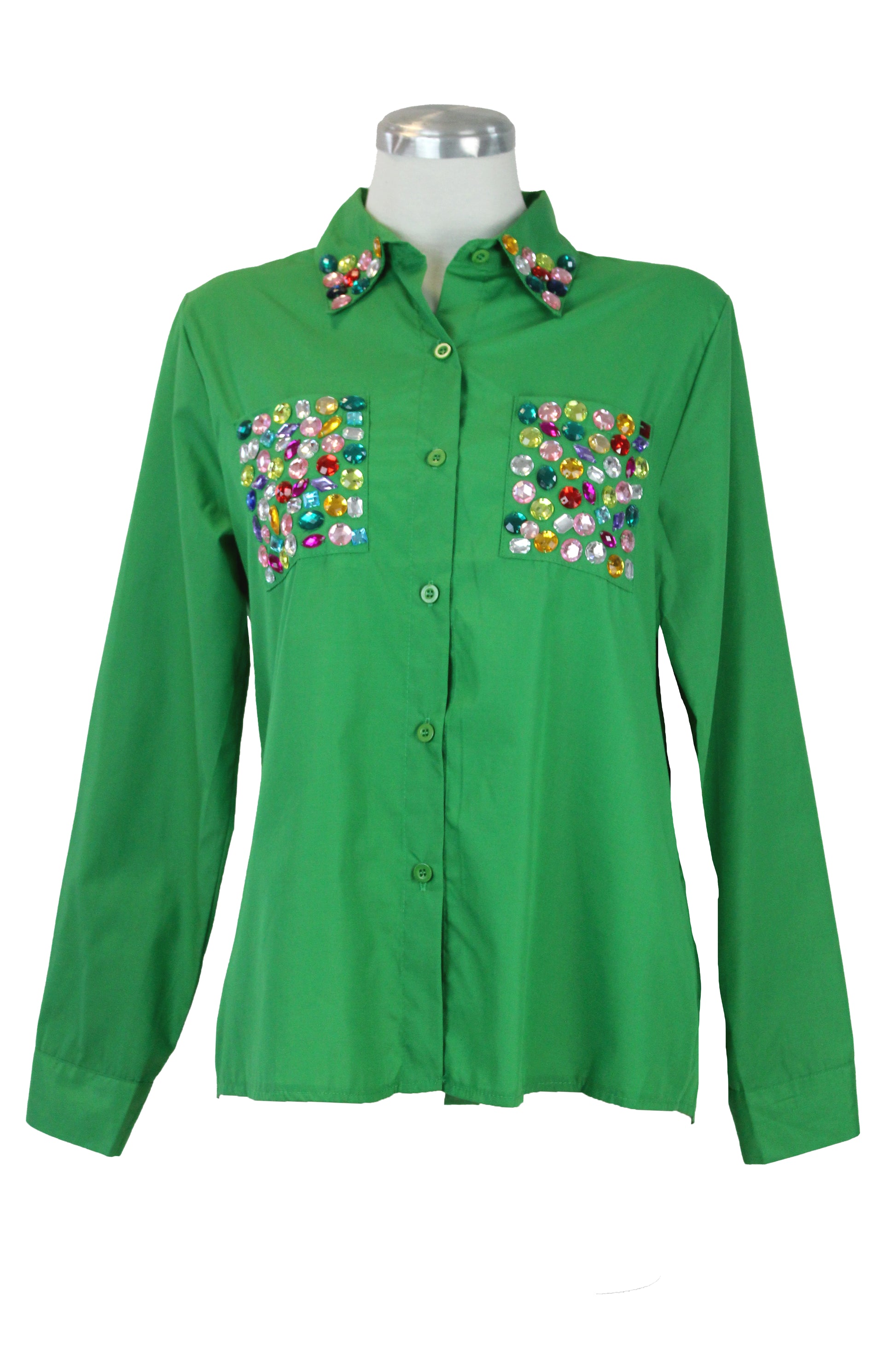 10696-1 Camisa Larga Piedras Colores en Bolsas y Cuello