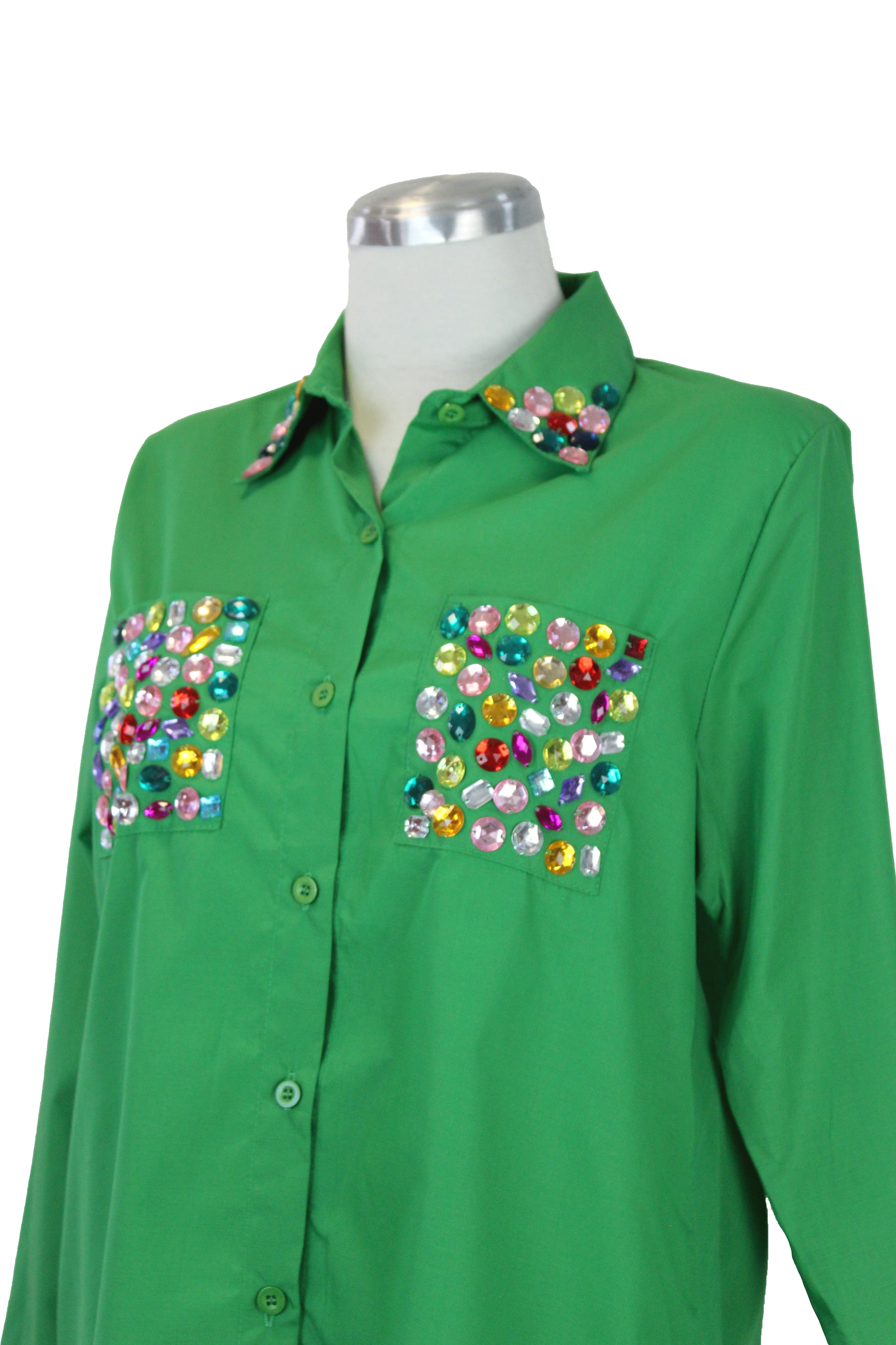 10696-1 Camisa Larga Piedras Colores en Bolsas y Cuello