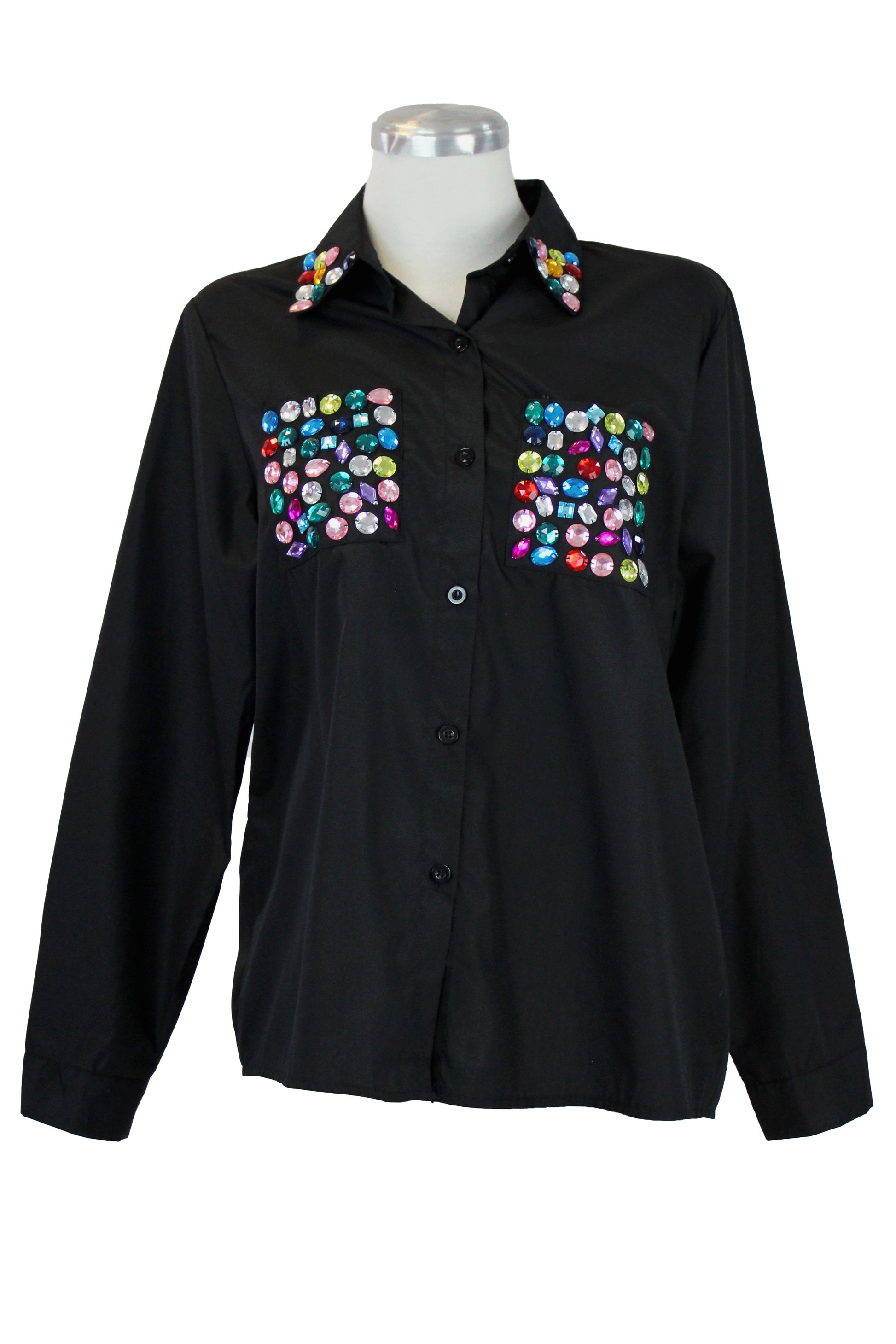 10696-1 Camisa Larga Piedras Colores en Bolsas y Cuello