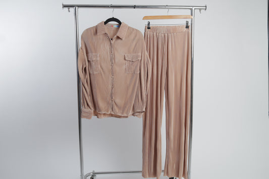 M763 Conjunto 2pz tableado de camisa manga larga y pantalón recto