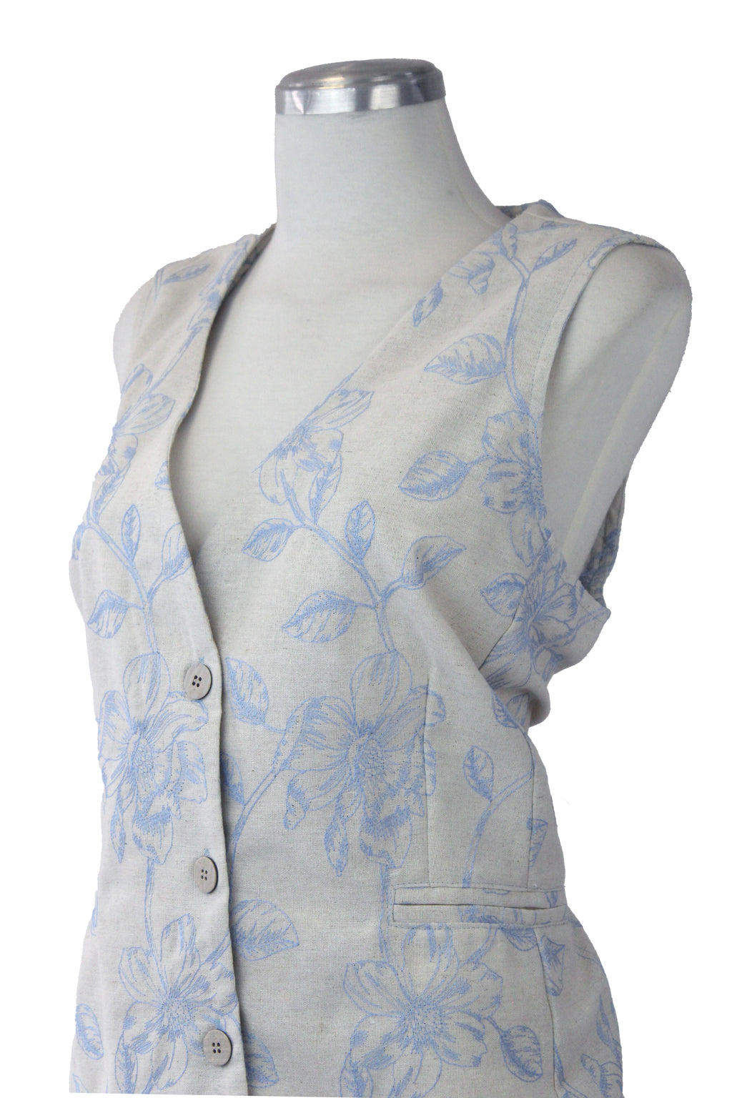 12551 Chaleco Bordado Lino Hojas Y Flor