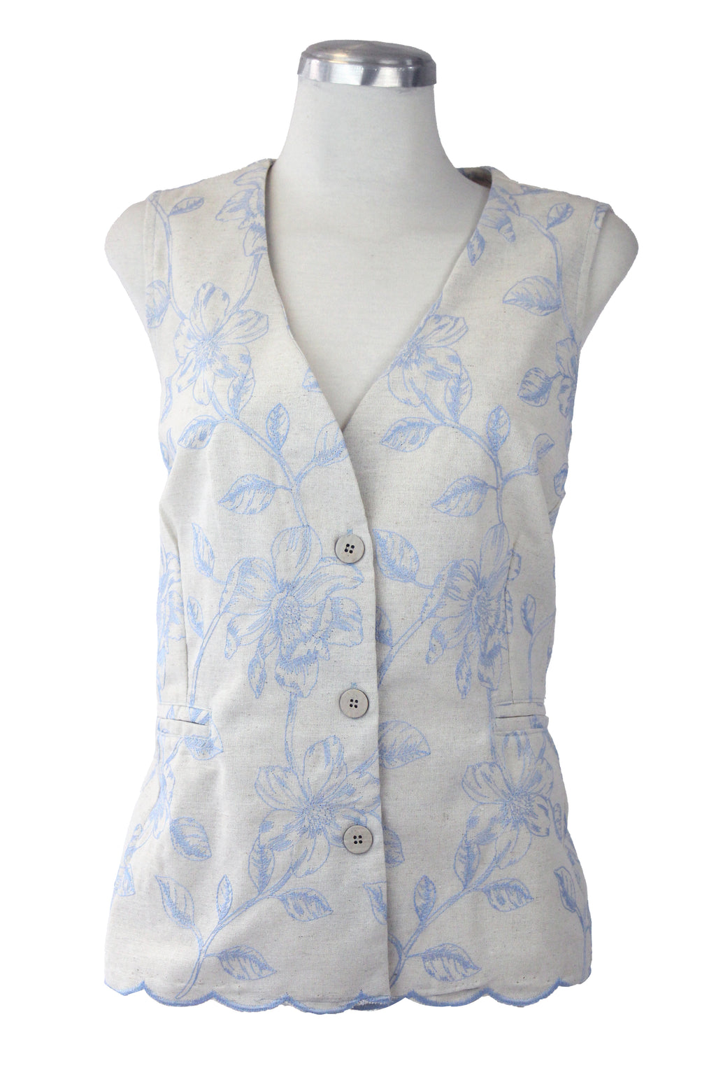 12551 Chaleco Bordado Lino Hojas Y Flor