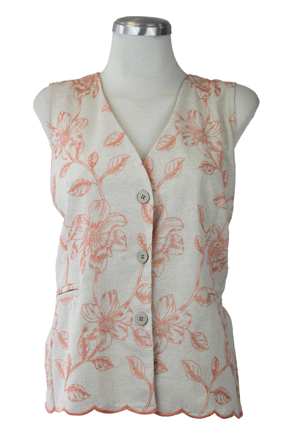 12551 Chaleco Bordado Lino Hojas Y Flor