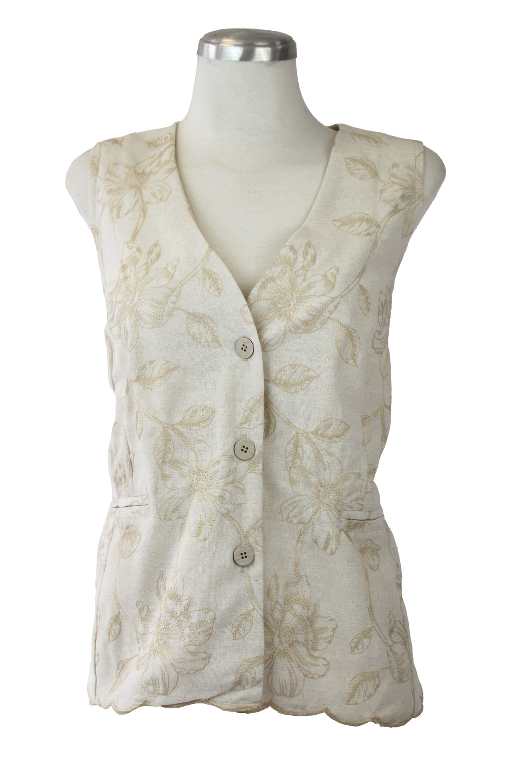 12551 Chaleco Bordado Lino Hojas Y Flor