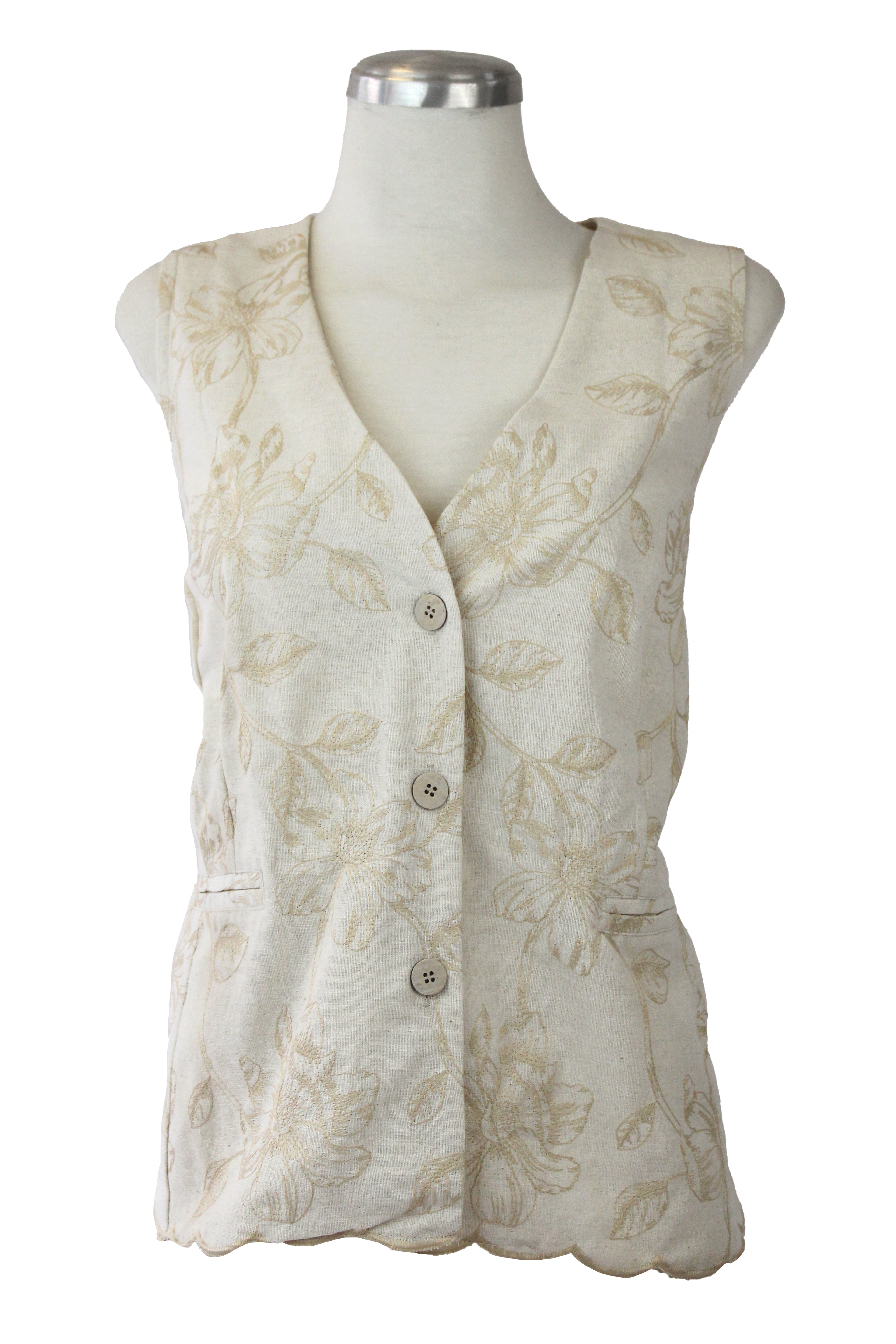 12551 Chaleco Bordado Lino Hojas Y Flor