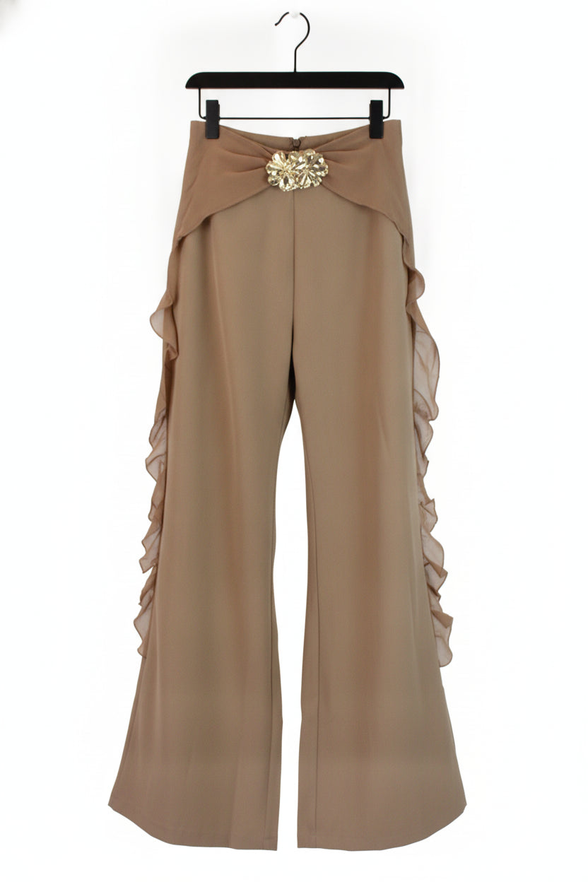 PS25917 Pantalón Lisa Ondas en Bordes Hebilla de Flores