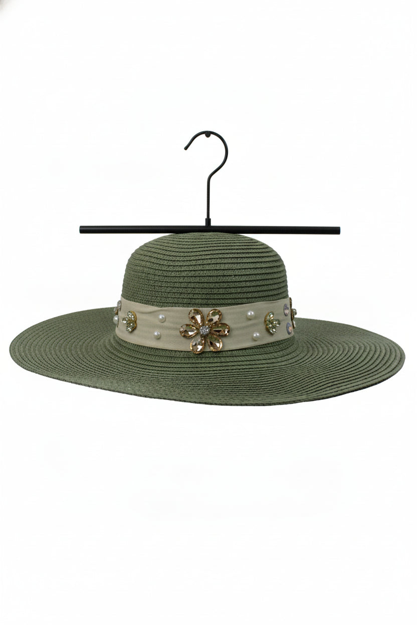 FH1315 Sombrero toquilla con piedras y flores