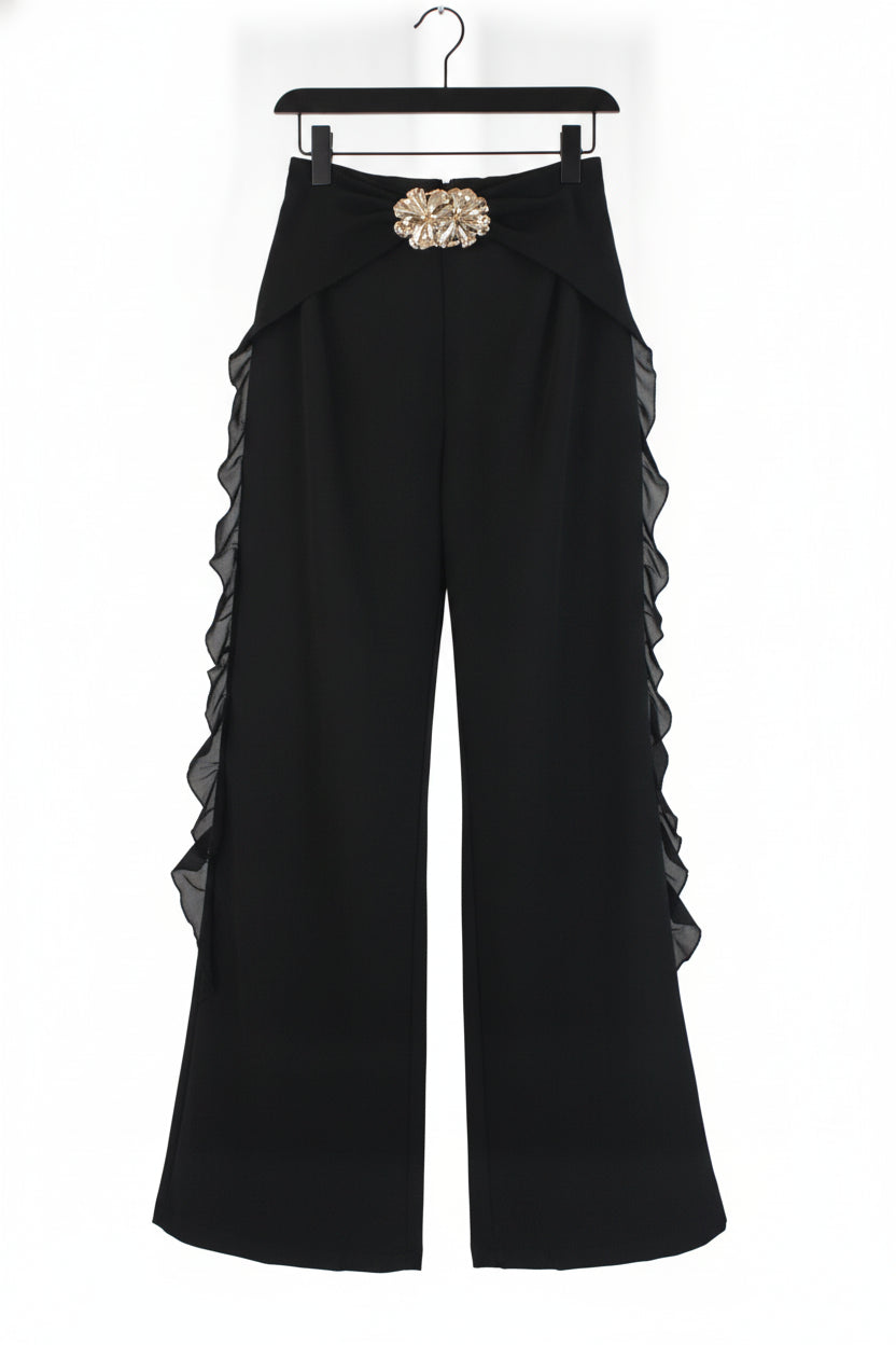 PS25917 Pantalón Lisa Ondas en Bordes Hebilla de Flores