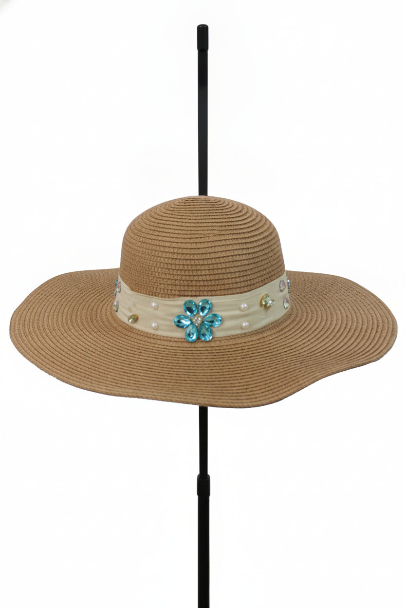 FH1315 Sombrero toquilla con piedras y flores