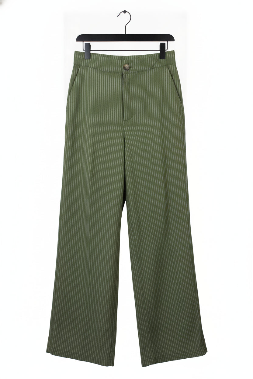 YS39 Pantalón Recto Rayado Mitad Pretina Mitad Elástico