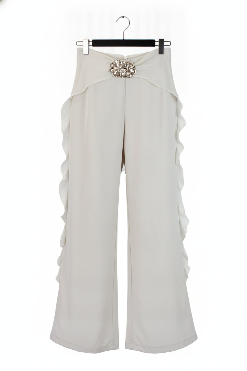 PS25917 Pantalón Lisa Ondas en Bordes Hebilla de Flores