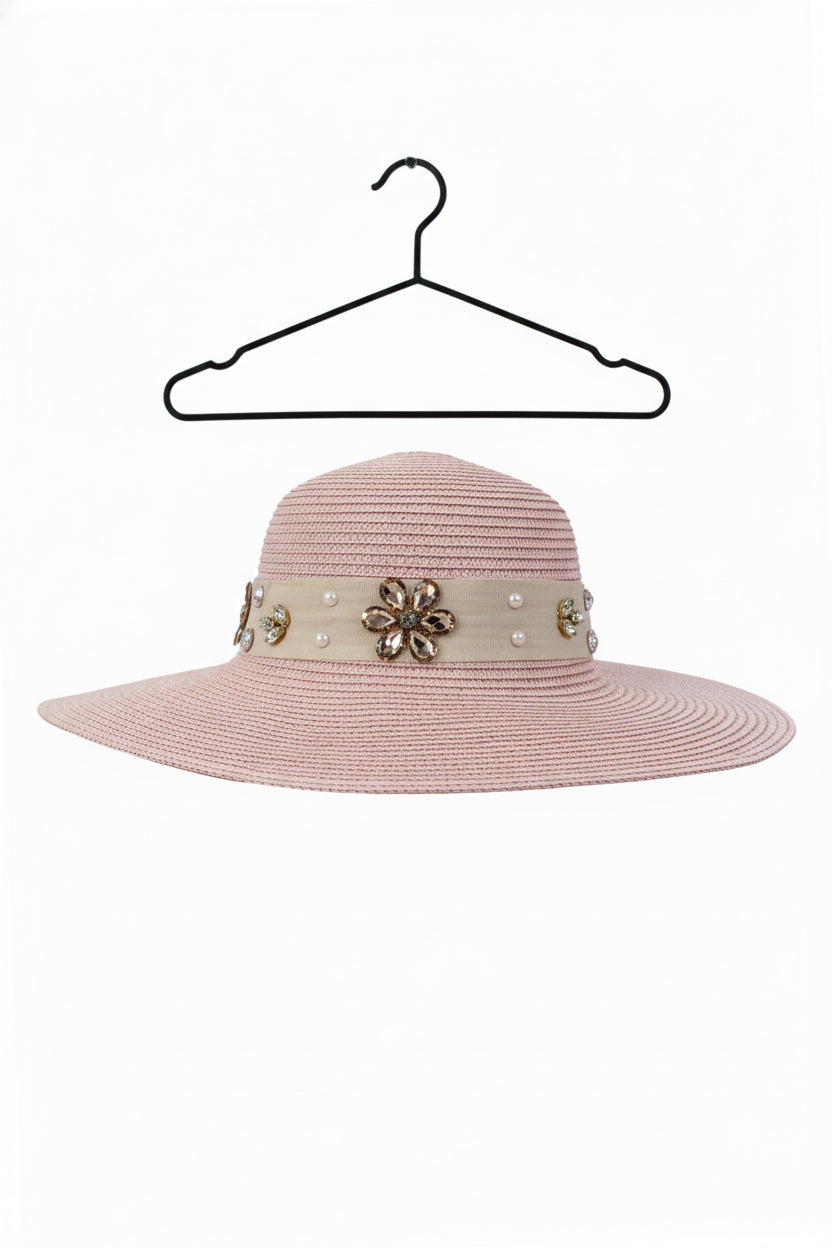 FH1315 Sombrero toquilla con piedras y flores