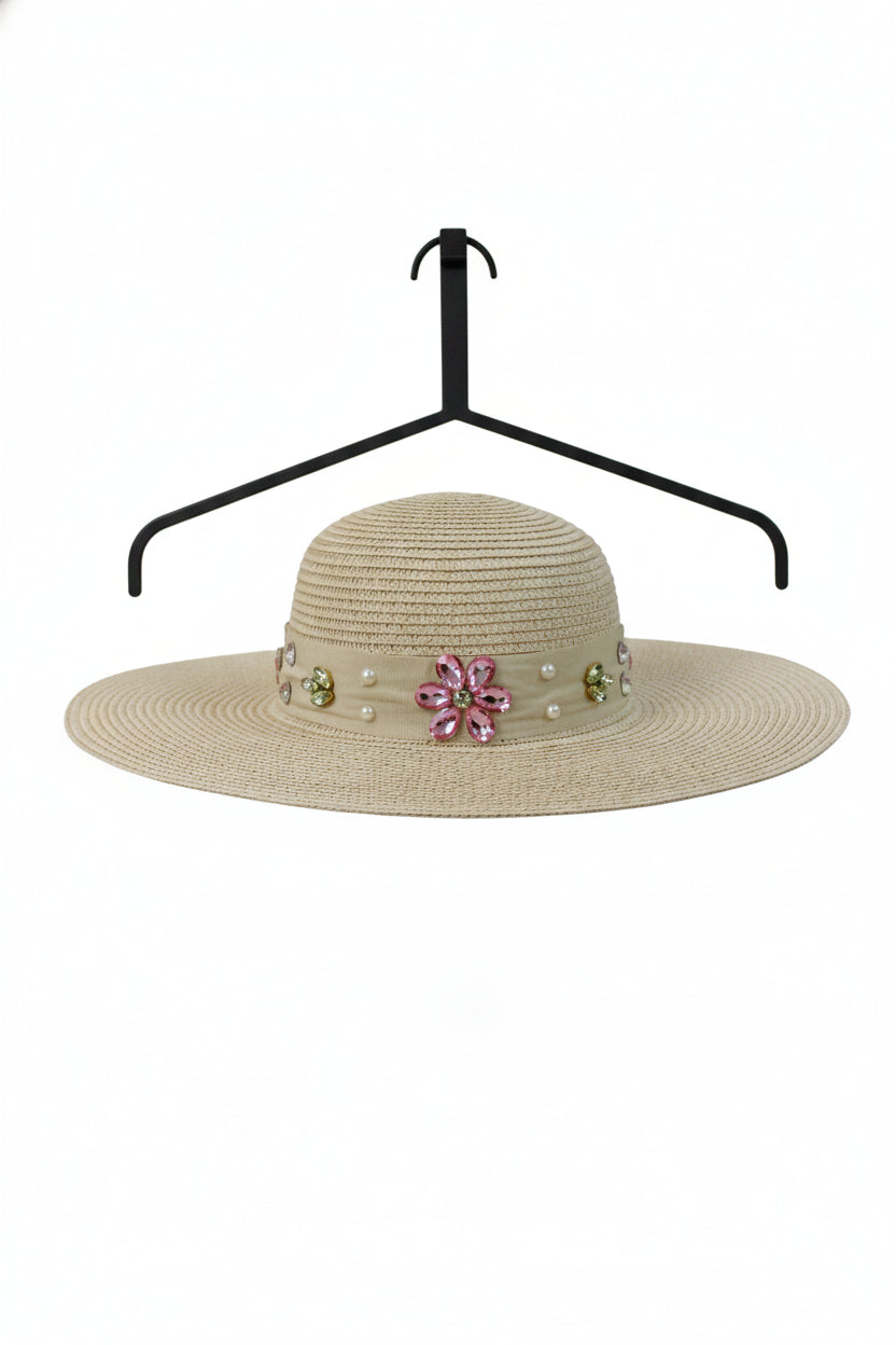 FH1315 Sombrero toquilla con piedras y flores