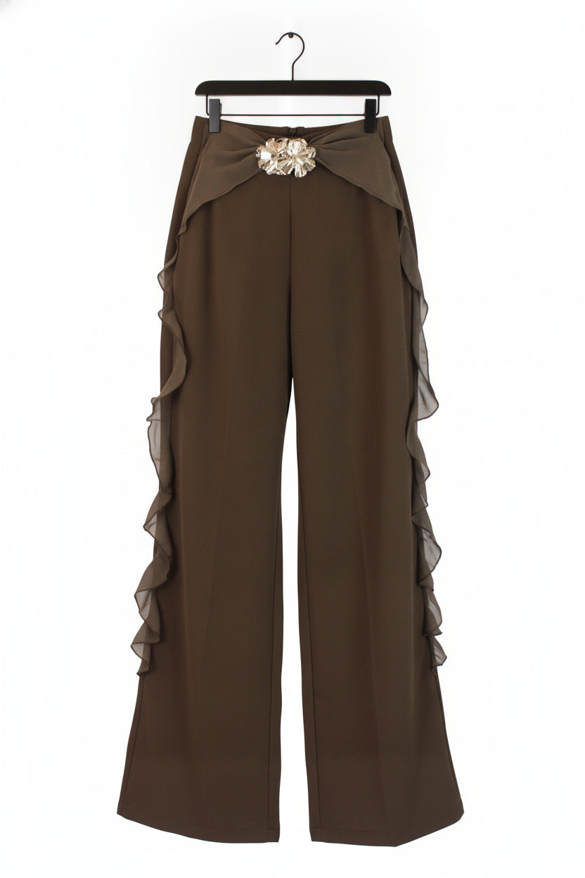 PS25917 Pantalón Lisa Ondas en Bordes Hebilla de Flores
