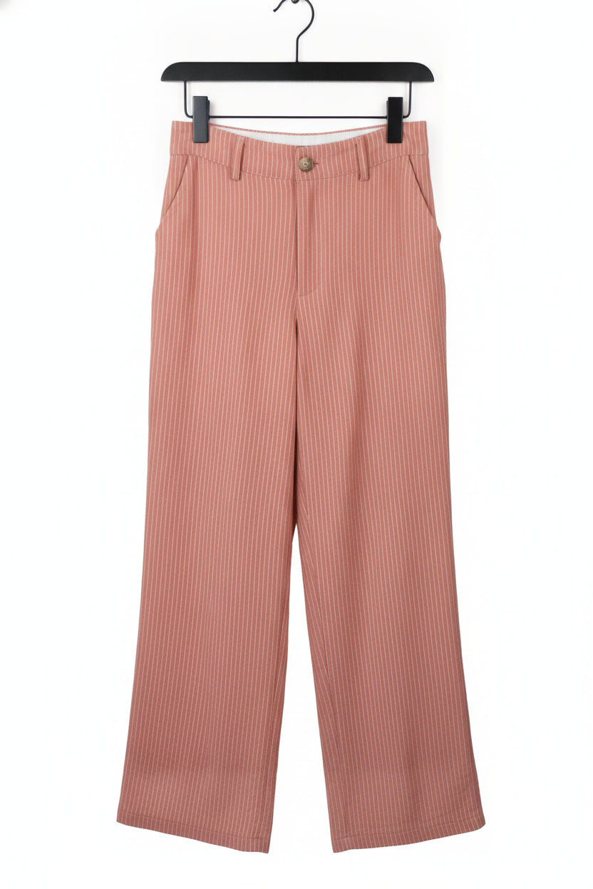 YS39 Pantalón Recto Rayado Mitad Pretina Mitad Elástico