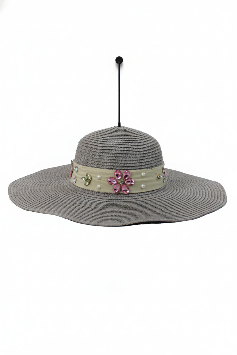 FH1315 Sombrero toquilla con piedras y flores