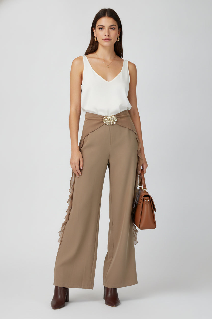 PS25917 Pantalón Lisa Ondas en Bordes Hebilla de Flores