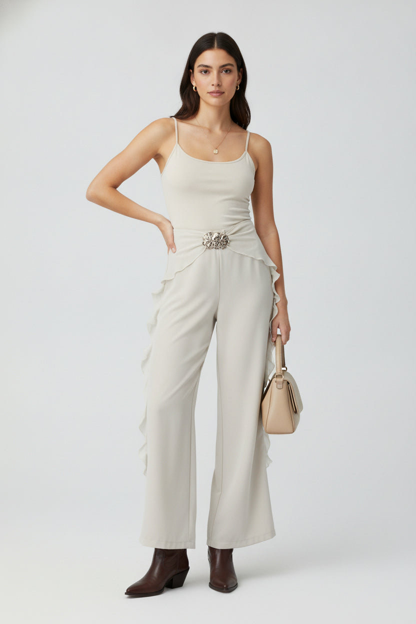 PS25917 Pantalón Lisa Ondas en Bordes Hebilla de Flores