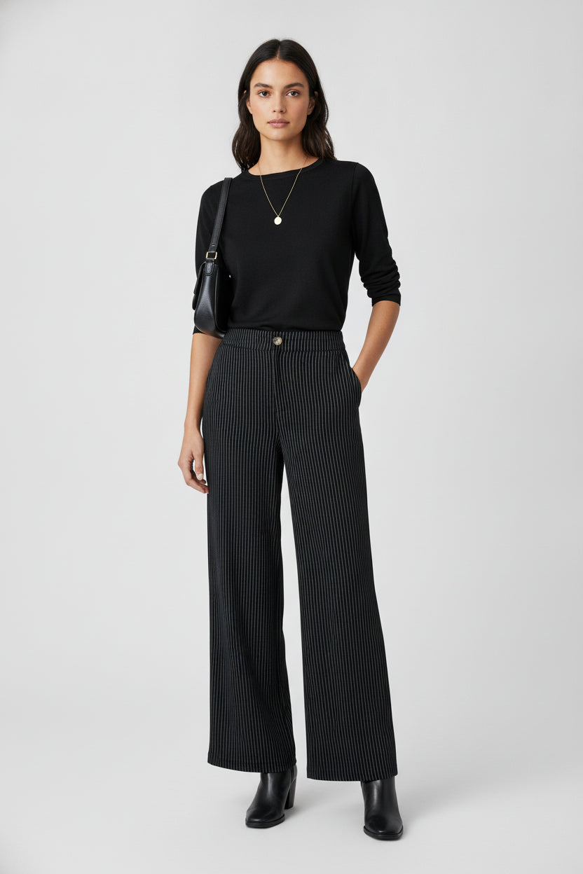 YS39 Pantalón Recto Rayado Mitad Pretina Mitad Elástico