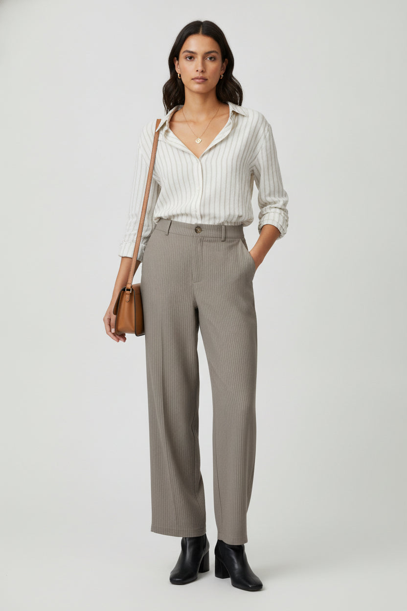 YS39 Pantalón Recto Rayado Mitad Pretina Mitad Elástico