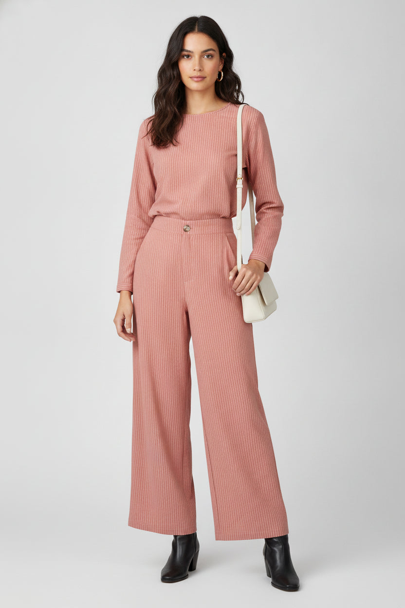 YS39 Pantalón Recto Rayado Mitad Pretina Mitad Elástico