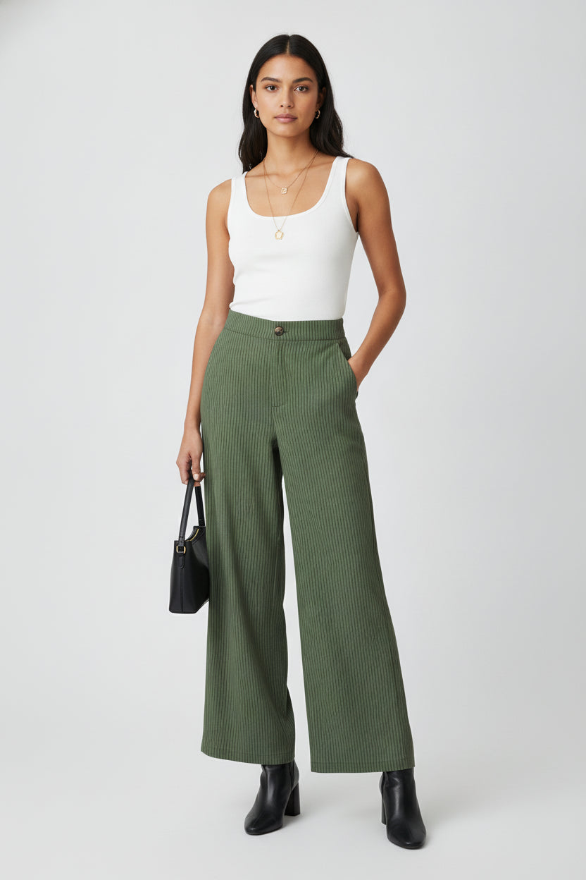 YS39 Pantalón Recto Rayado Mitad Pretina Mitad Elástico