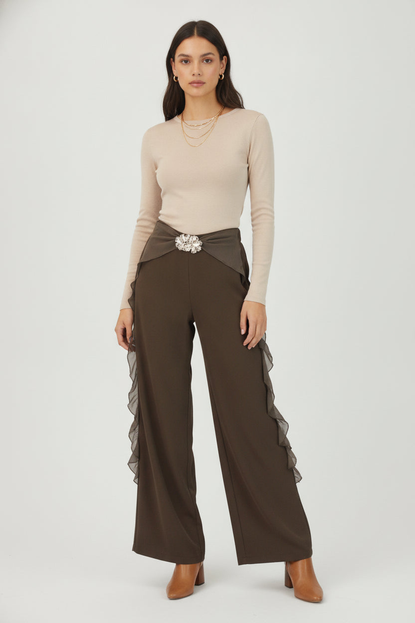 PS25917 Pantalón Lisa Ondas en Bordes Hebilla de Flores