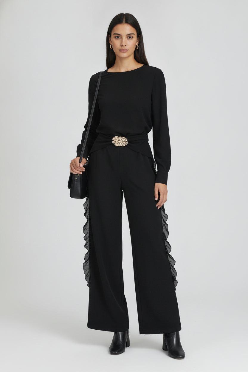PS25917 Pantalón Lisa Ondas en Bordes Hebilla de Flores