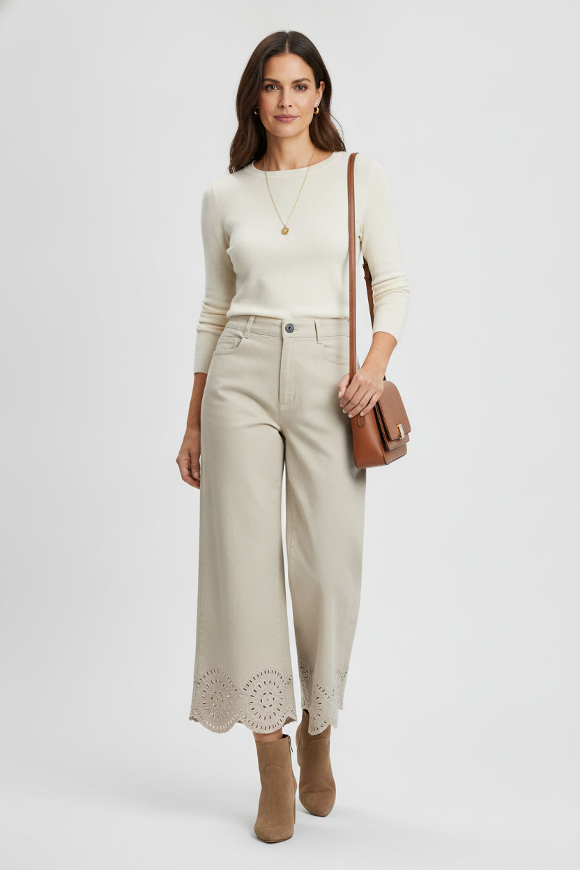 LM1100 Pantalón Pierna Ancha Bordado Inferior