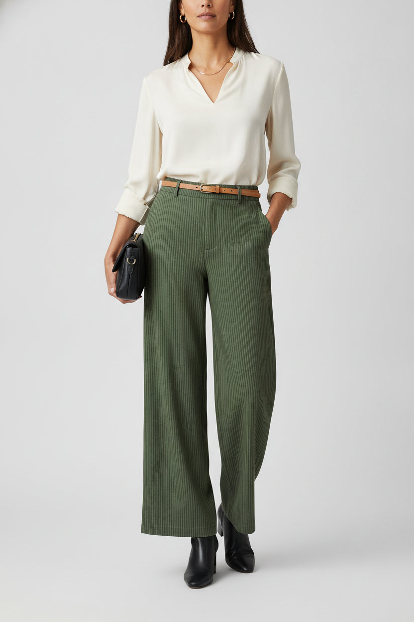 YS39 Pantalón Recto Rayado Mitad Pretina Mitad Elástico