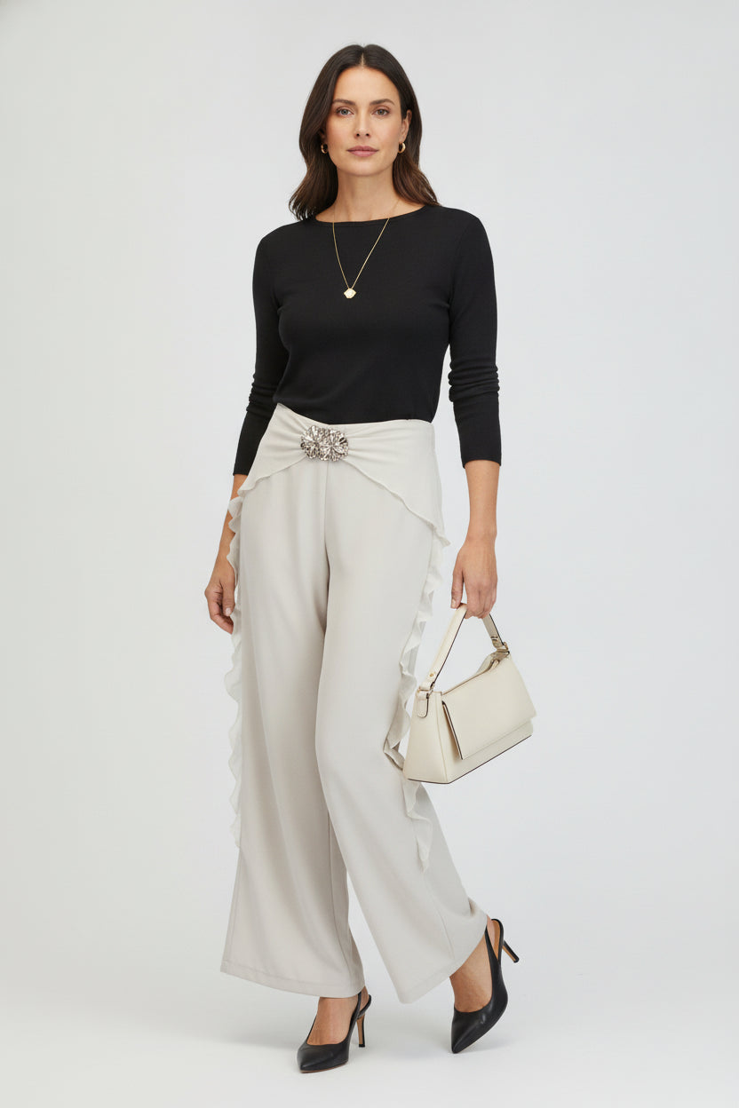 PS25917 Pantalón Lisa Ondas en Bordes Hebilla de Flores