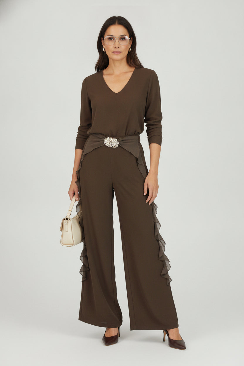 PS25917 Pantalón Lisa Ondas en Bordes Hebilla de Flores