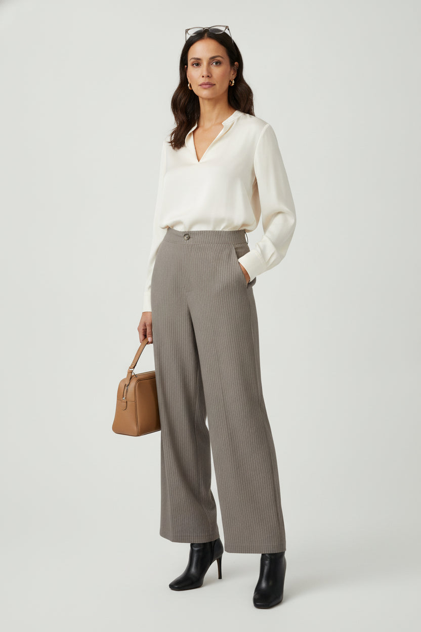 YS39 Pantalón Recto Rayado Mitad Pretina Mitad Elástico