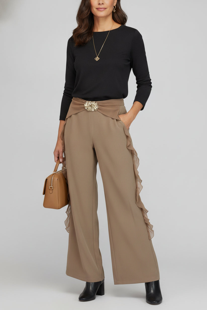 PS25917 Pantalón Lisa Ondas en Bordes Hebilla de Flores