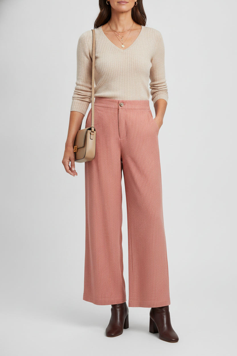 YS39 Pantalón Recto Rayado Mitad Pretina Mitad Elástico