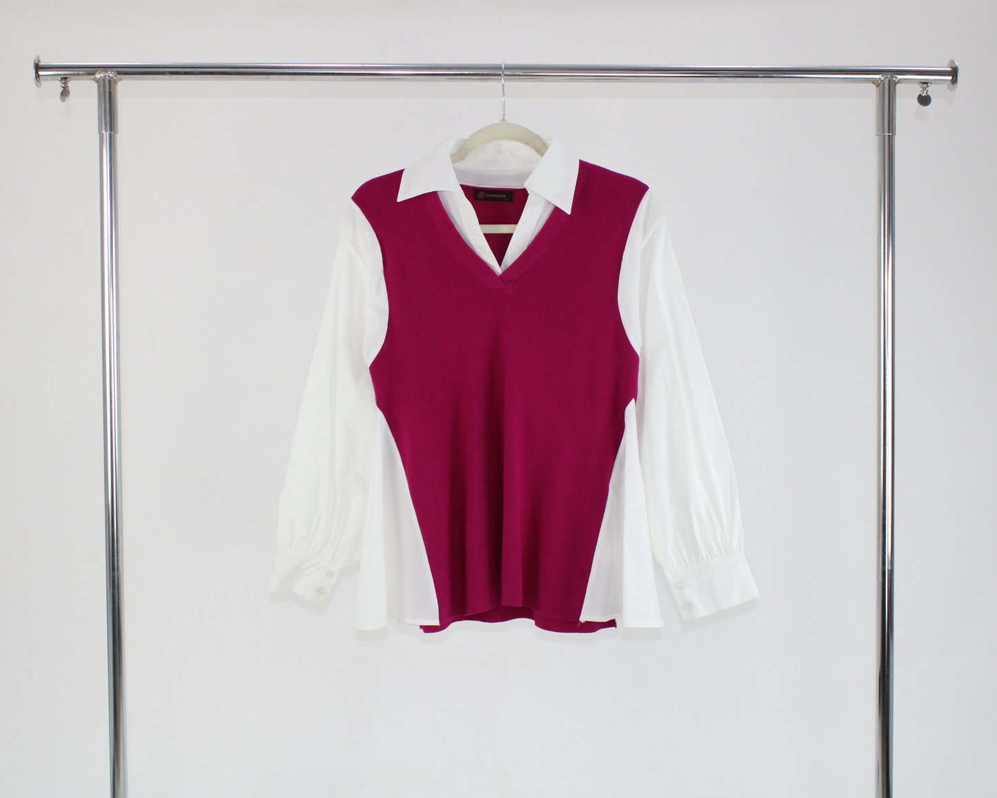 L1532 Blusa Camisera en Pico con Chaleco Tejido