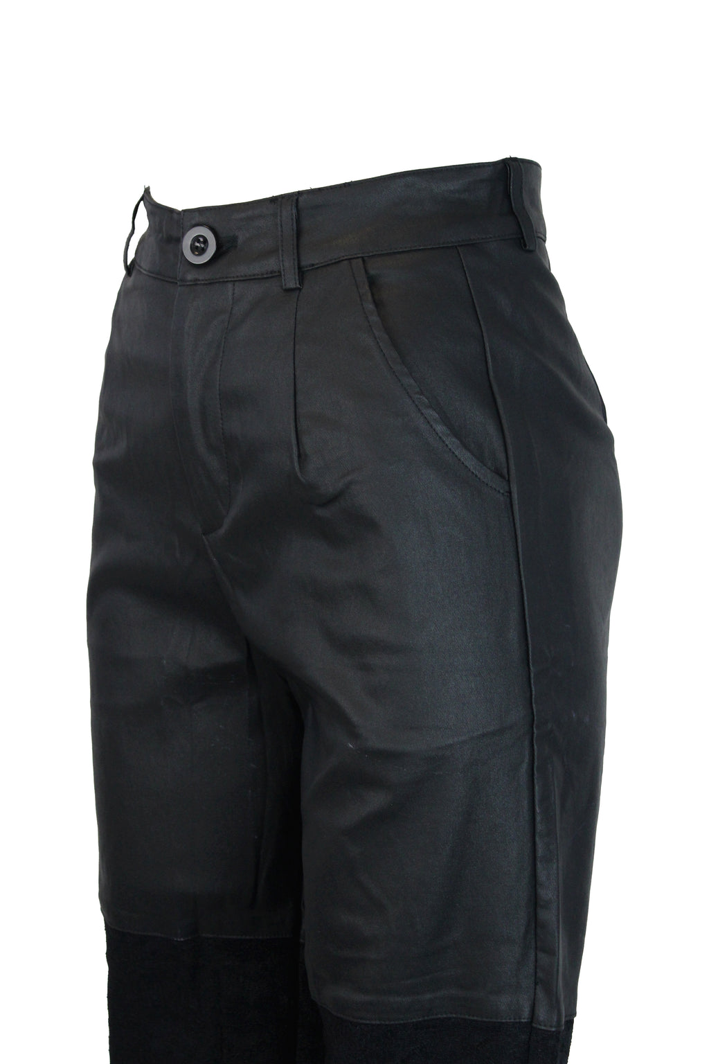 PS25890 Pantalón Mitad Vinipiel Mitad Flor Bordado