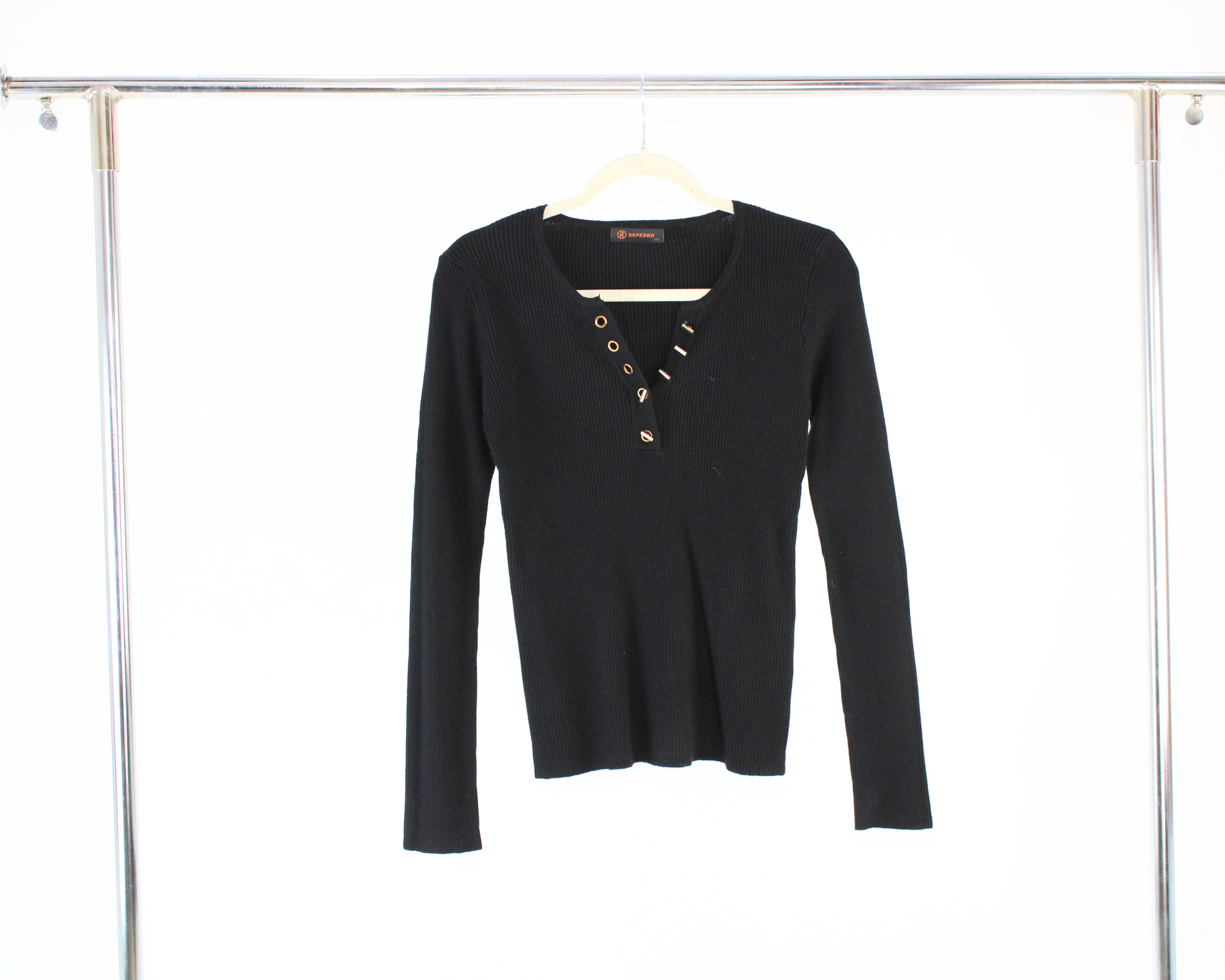 H19203 Sueter Acanalado Cuello V Hojillos con Adorno
