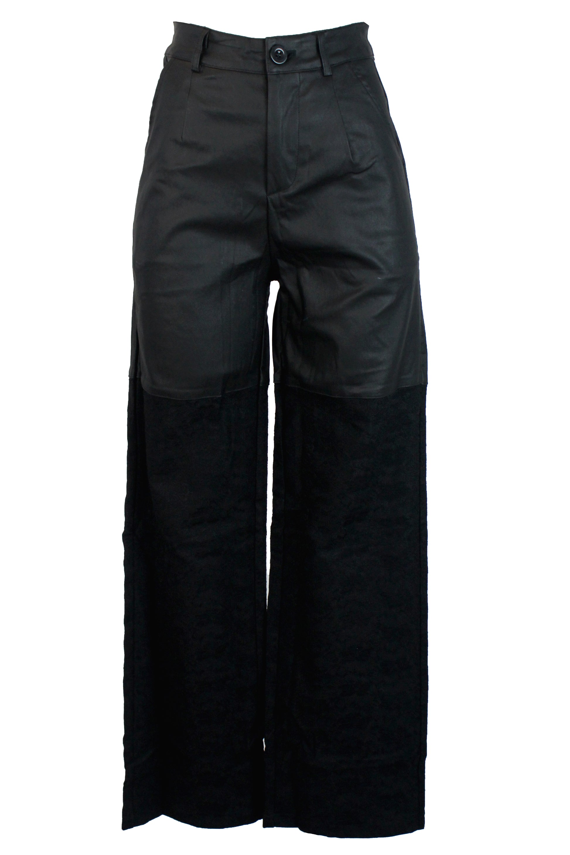 PS25890 Pantalón Mitad Vinipiel Mitad Flor Bordado