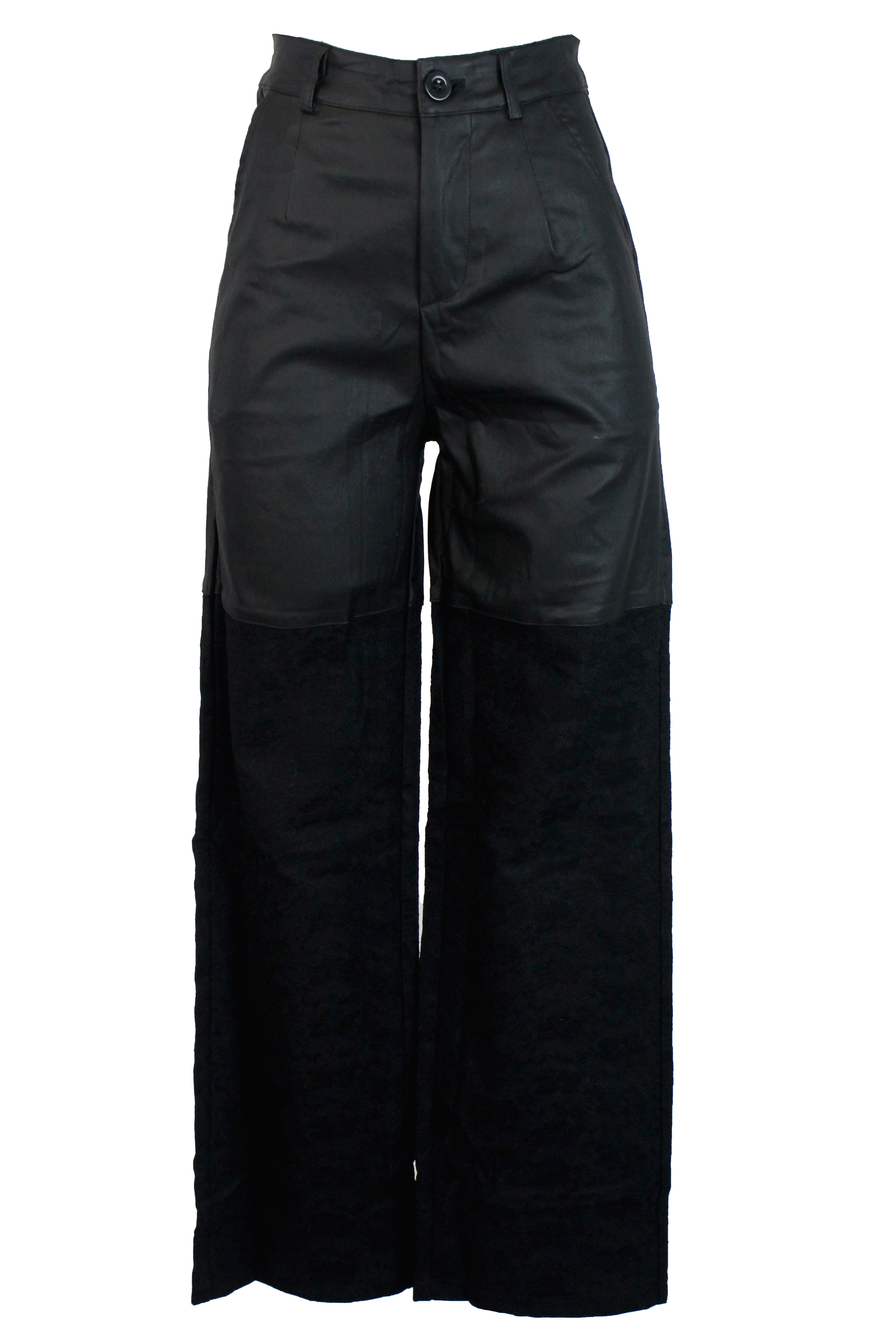 PS25890 Pantalón Mitad Vinipiel Mitad Flor Bordado